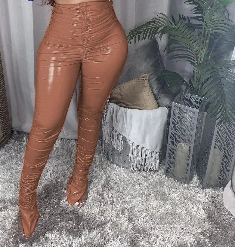 XL / 23PT122304 Brown CUTENOVA 23PT122304 Ins 2024  Hot-Slling Solid Tight Club  Leather Pants Stacked Pants For Women