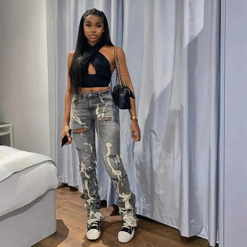 XL / 24PT0116  grey Edgy Ripped Camouflage Jeans Look