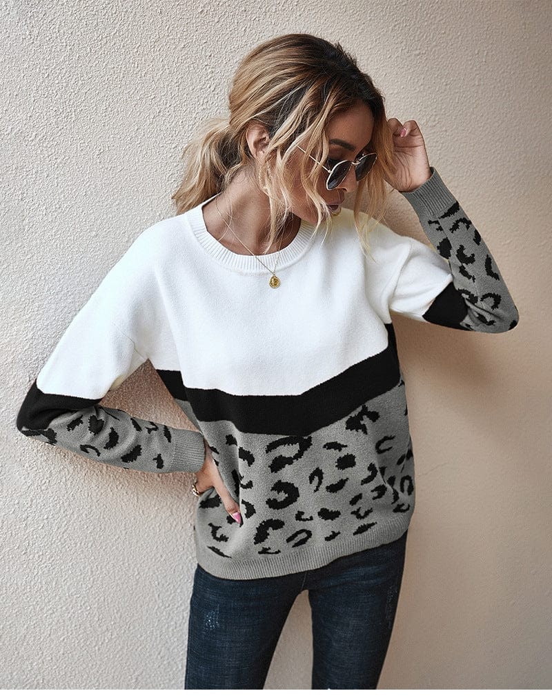 XL / 3 Fashion Leopard Patchwork Autumn Winter 2022 Ladies Knitted Sweater Women O-Neck Full Sleeve Jumper Pullovers Top Khaki Brown