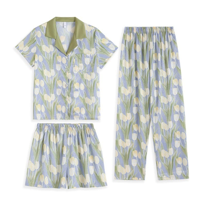 XL / 4 Bclout Female Home Clothes Pyjamas Two-Piece Set 2023 Autumn Thin Cardigan Long Sleeve Sleepwear Women Tulip Print Satin Pajamas