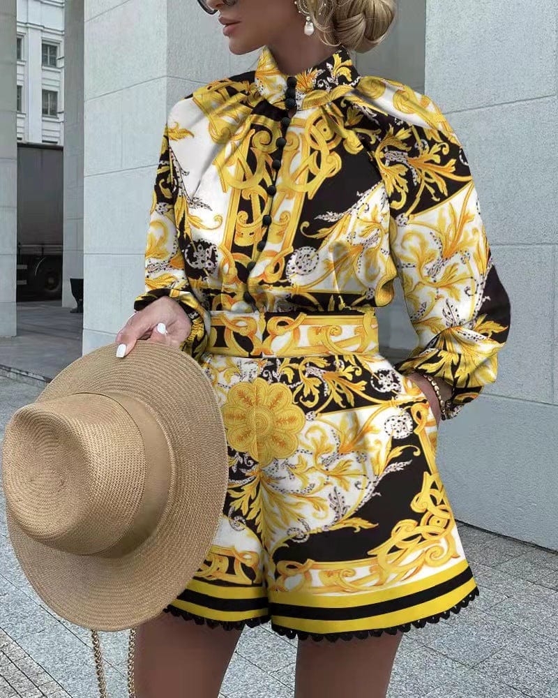 XL / 4 set women Customized European and American autumn and winter women's printed long-sleeved blouse and shorts two-piece