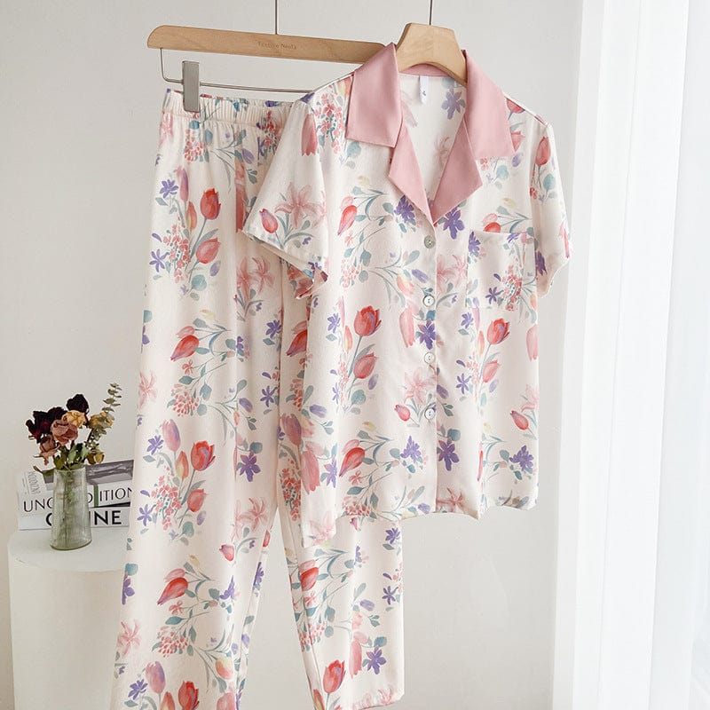 XL / 5 Bclout Female Home Clothes Pyjamas Two-Piece Set 2023 Autumn Thin Cardigan Long Sleeve Sleepwear Women Tulip Print Satin Pajamas