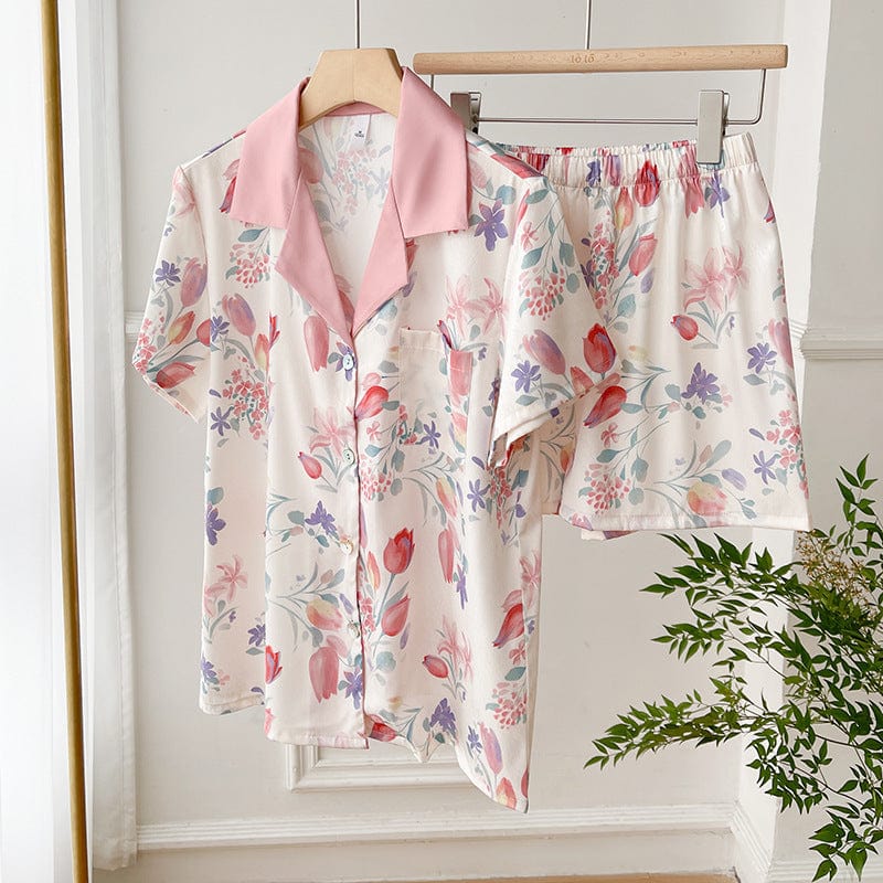 XL / 6 Bclout Female Home Clothes Pyjamas Two-Piece Set 2023 Autumn Thin Cardigan Long Sleeve Sleepwear Women Tulip Print Satin Pajamas