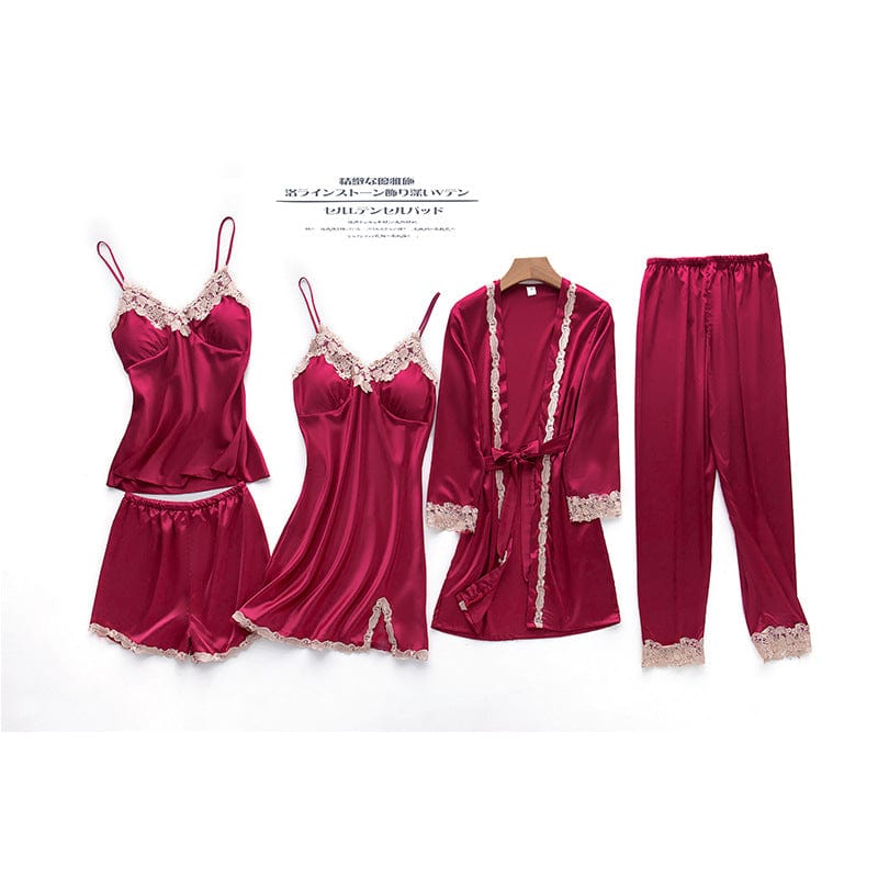 XL / 6125Burgundy ladies New 5 Five Piece Pajamas Silk Pajamas Suspender Skirt Pajamas for Women Home Service sleepwear set