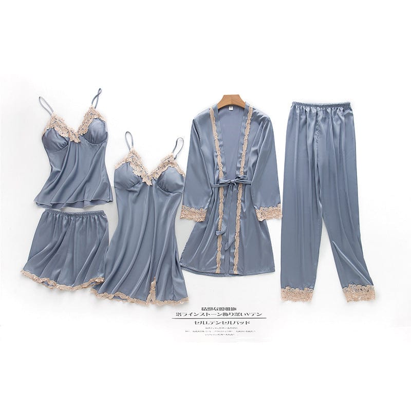 XL / 6125Gray ladies New 5 Five Piece Pajamas Silk Pajamas Suspender Skirt Pajamas for Women Home Service sleepwear set