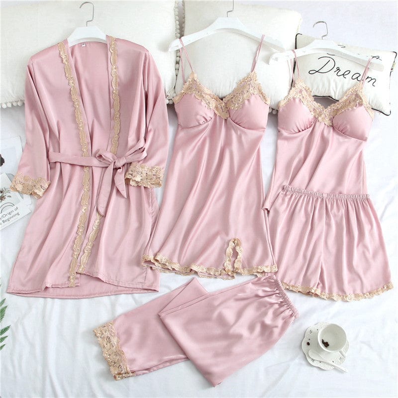 XL / 6125Pink ladies New 5 Five Piece Pajamas Silk Pajamas Suspender Skirt Pajamas for Women Home Service sleepwear set