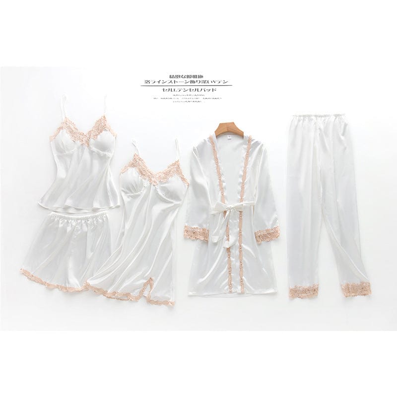 XL / 6125White ladies New 5 Five Piece Pajamas Silk Pajamas Suspender Skirt Pajamas for Women Home Service sleepwear set