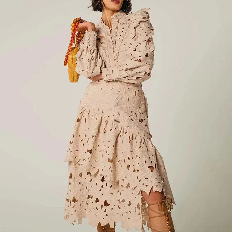 XL / apricot CHICEVER Hollow Out Stand Collar Long Sleeve Tops High Waist Irregular Hem Skirt And Top Set For Women