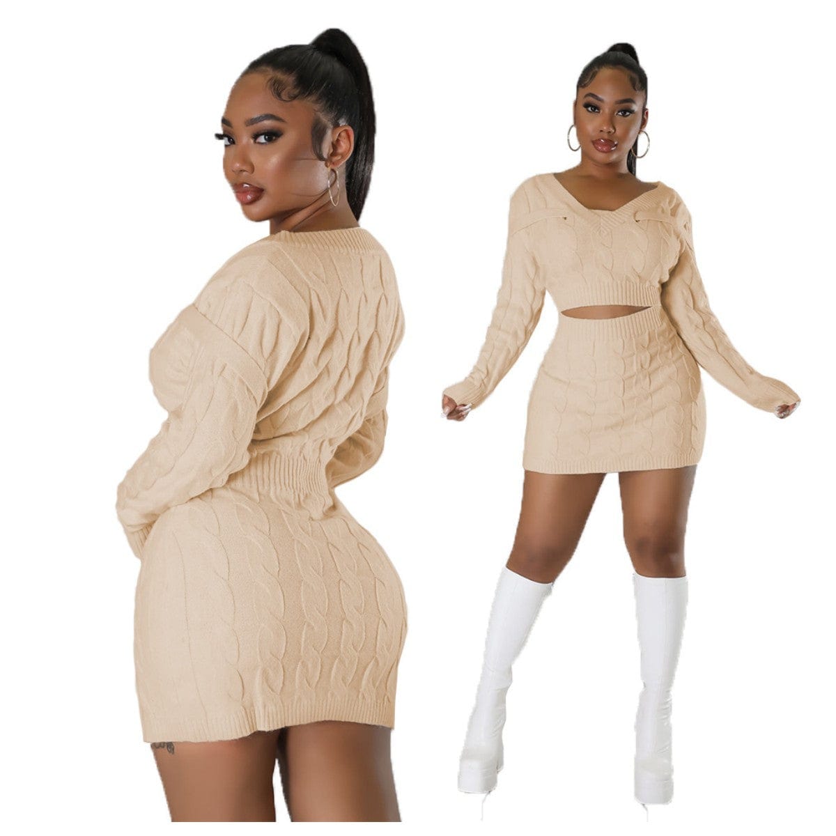 XL / Apricot kc women High quality v neck cut out sexy fashion pullover navel-baring fall 2022 women clothing sweater dress