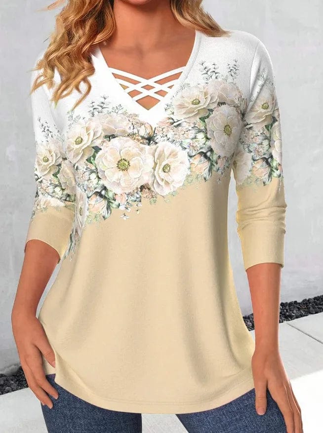XL / Apricot / Spandex / Polyester European and American Women's Autumn New loose neckline Cross V-neck Flower printed Long sleeve Women's T-shirt