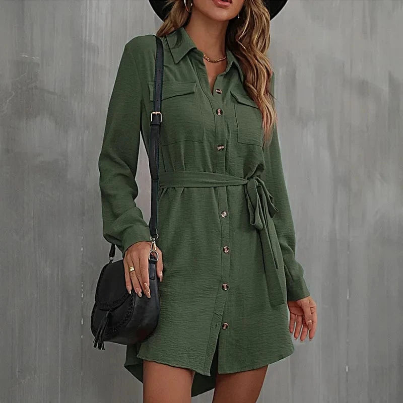 XL / Army Green 2024 Europe New Fashion Women Lady  Spring  Autumn Lapel Solid Color Casual  Daily Long-sleeved Waist-tied Midi Dress