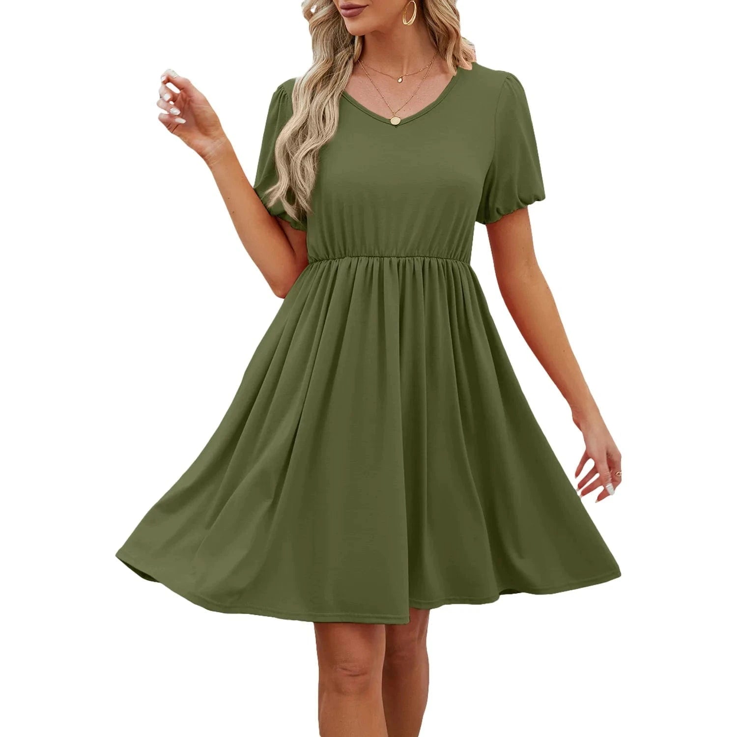 XL / Army Green 2024 Women Short Sleeve Dress Europe New Fashion Lady  Spring Summer Patchwork  V-neck Casual Daily Midi A-line Dress