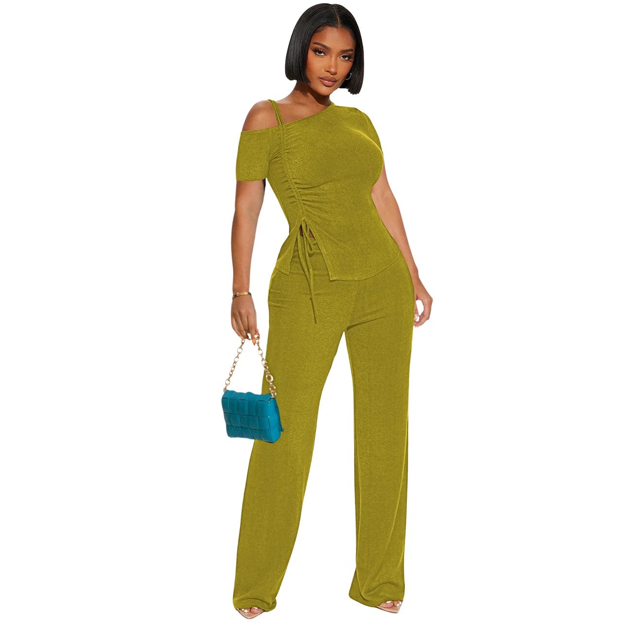 XL / Army Green European and American women's 24 spring and summer new off-the-shoulder short sleeves shirred slim sexy two-piece set