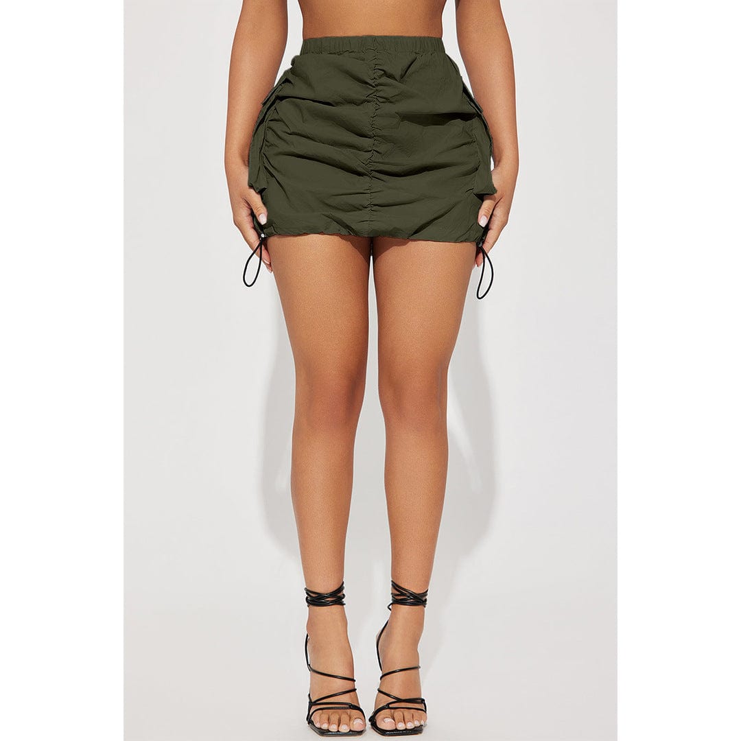 XL / Army Green New product High Quality Pleated Drawstring Mini Skirt Summer Solid Color Elastic Waist Pockets Cargo Skirt For Women