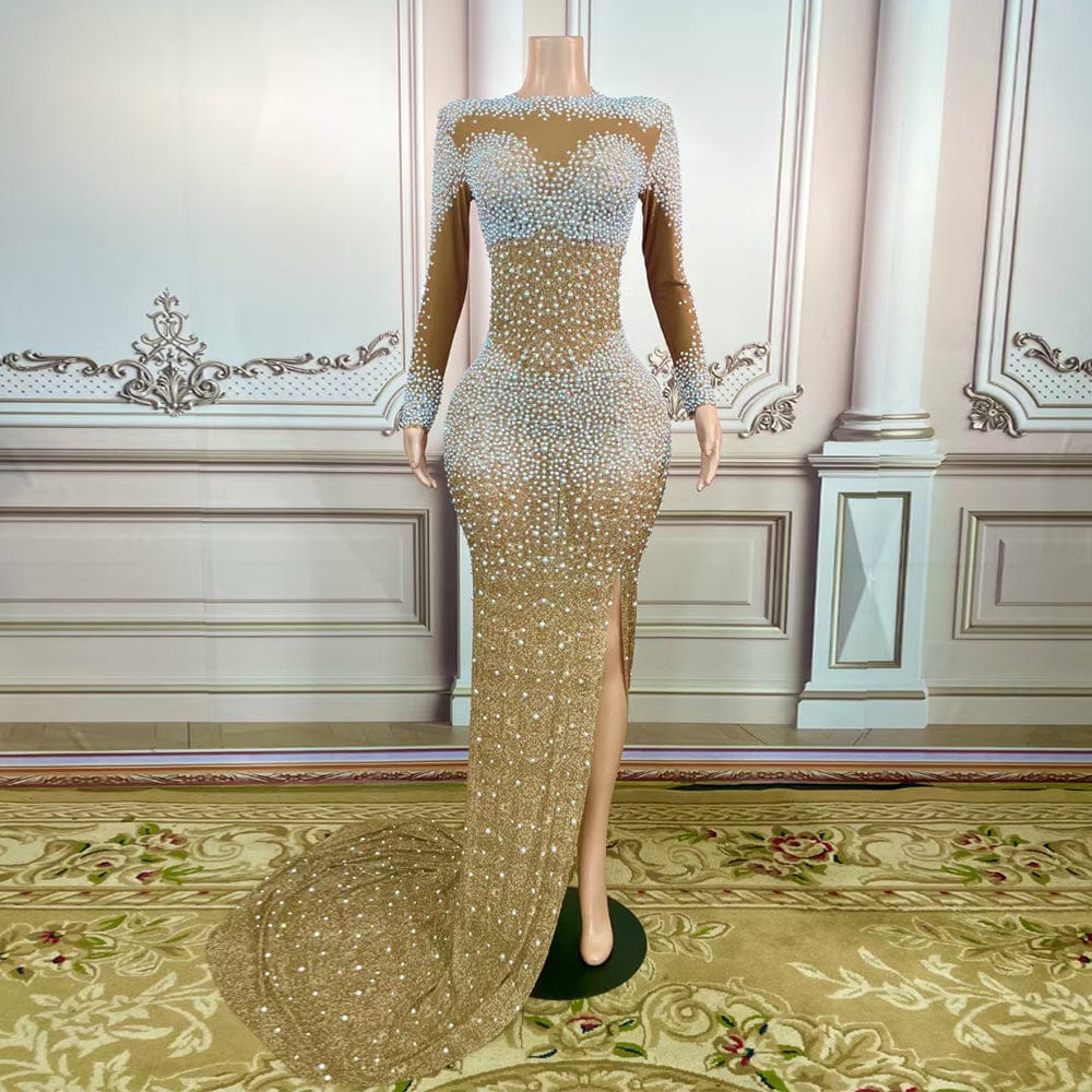 XL / As pic AD1509 Kimshein Luxury Dresses For Women Full Sleeve Crew Neck Split Beaded Floor Length Gown Dresses Women Evening