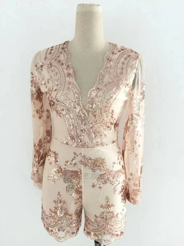 XL / as shhow Autumn Gold sequin embroidery elegant jumpsuit romper Transparent mesh sleeve playsuit women Deep v neck overalls