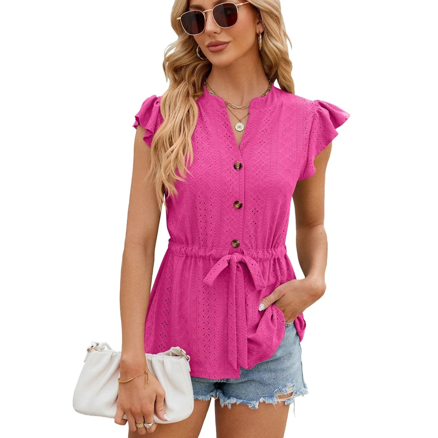 XL / Barbie powder 2024 Women Lady Girls  Spring And Summer New Solid Color Button Lace-up Loose T-shirt Top Cardigan for Women