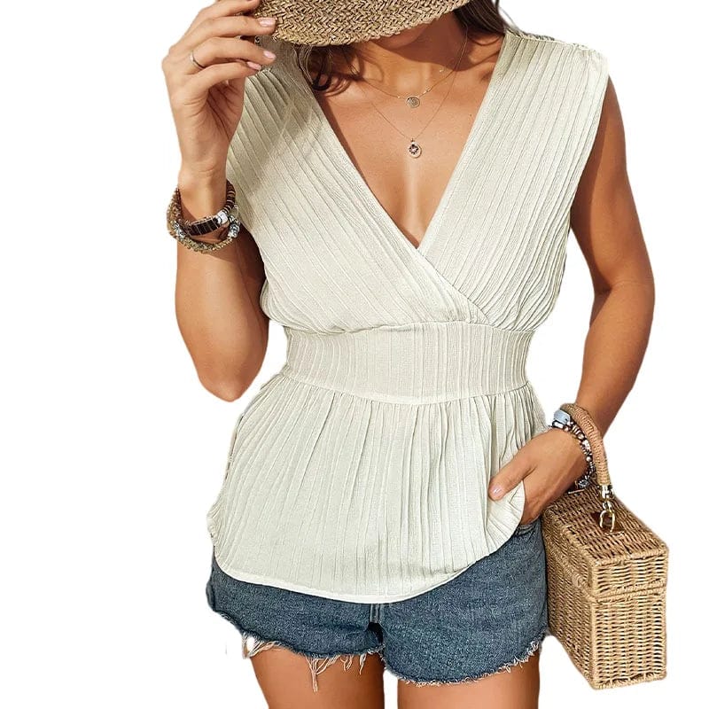 XL / Beige S8540 Casual Women Shirts Solid Color Sleeveless Tie Backless Plisse Blouse