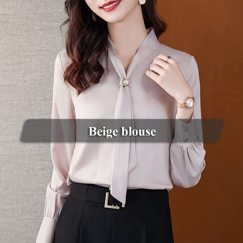 XL / Beige Wholesale High Quality New Elegant Female Loose Shirt Tie Collar Beige White Casual Women Long Sleeve Silk Office Ladies Blouses