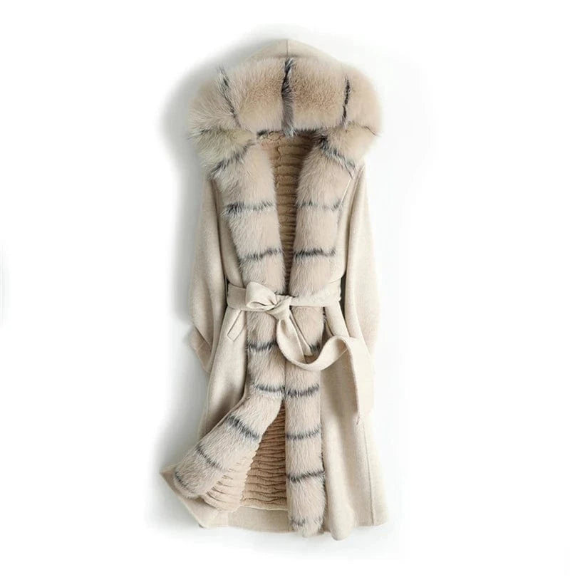 XL / Beige Women real wool coat lady rabbit fur lining fox fur collar jacket female Fall/Winter fur long outwear ZY18170
