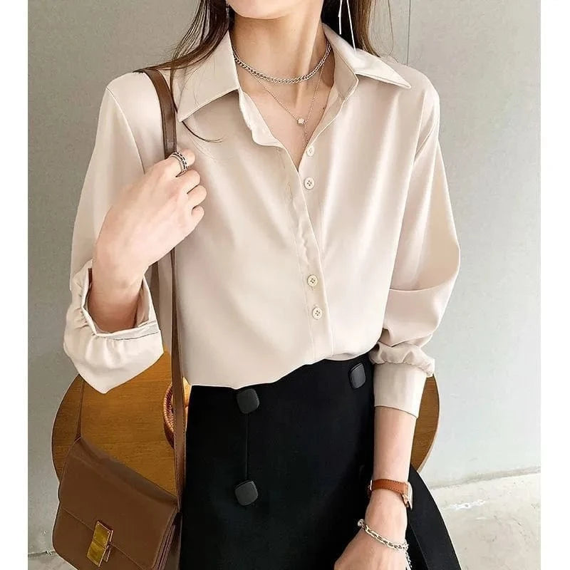 XL / Beige Women's chiffon shirt Spring and Autumn 2023 New fashion Design niche top Loose overlaid White shirt Base shirt