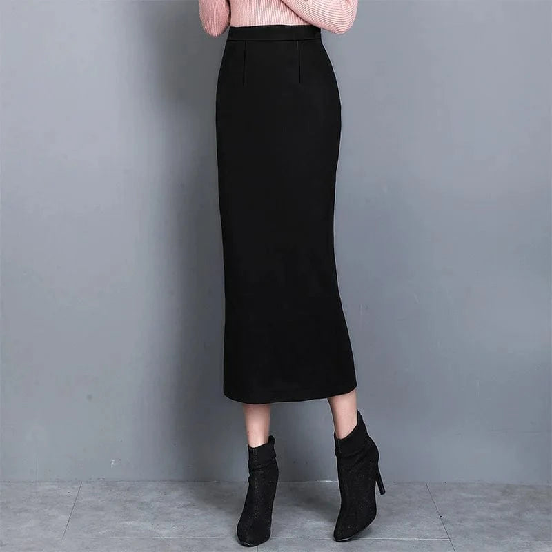 XL / Black 2 Fashion Women Spring  Autumn New Slit Wrap Hip Skirt Elastic Solid Color Office One-step Skirt Suit Long Casual Skirt