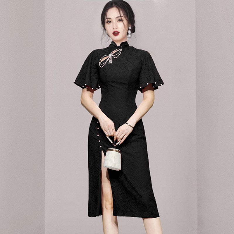 XL / black 2022 summer new slim temperament beaded retro sexy split lace cheongsam dress HN0594088