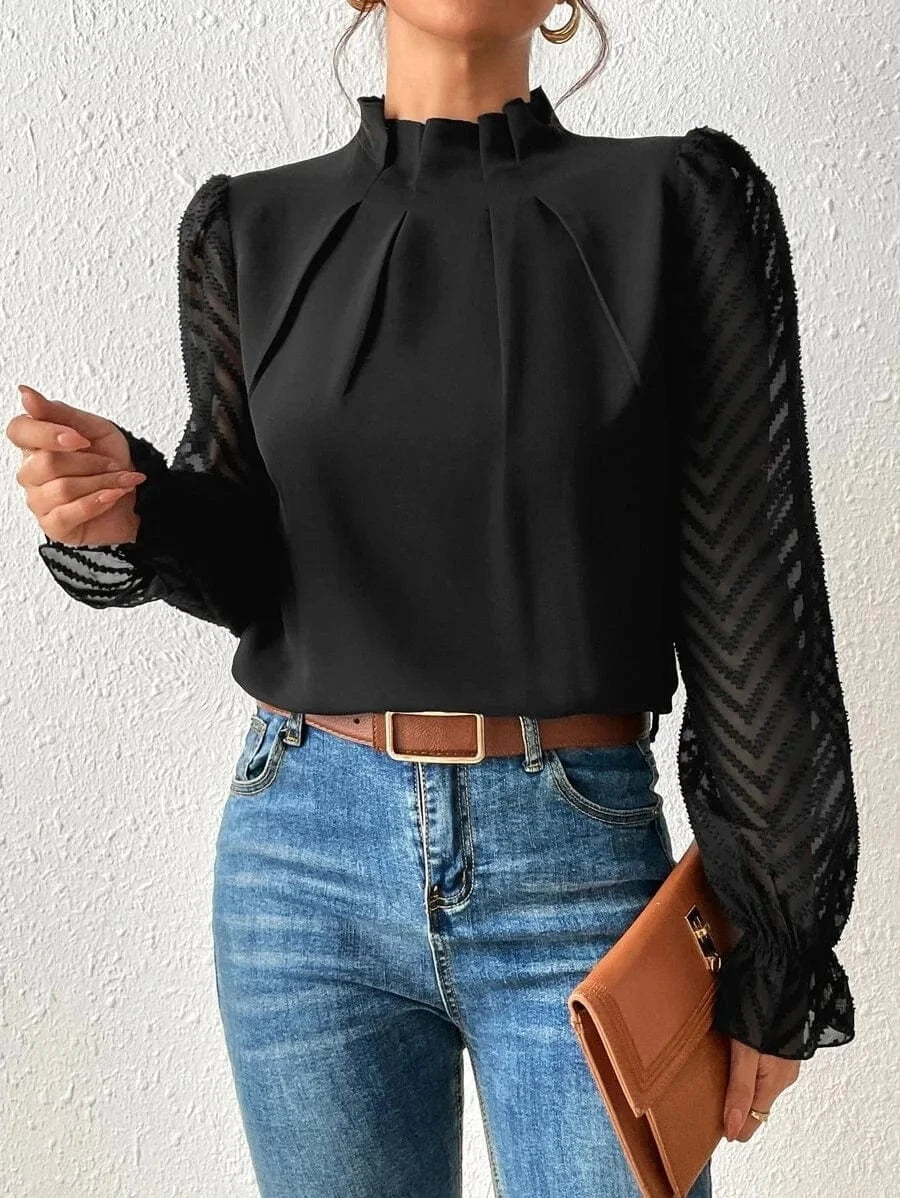 XL / Black 2023 Autumn Winter New Women's Half-high Neck Splicing Wavy Chiffon Long-sleeved Woman Blouse