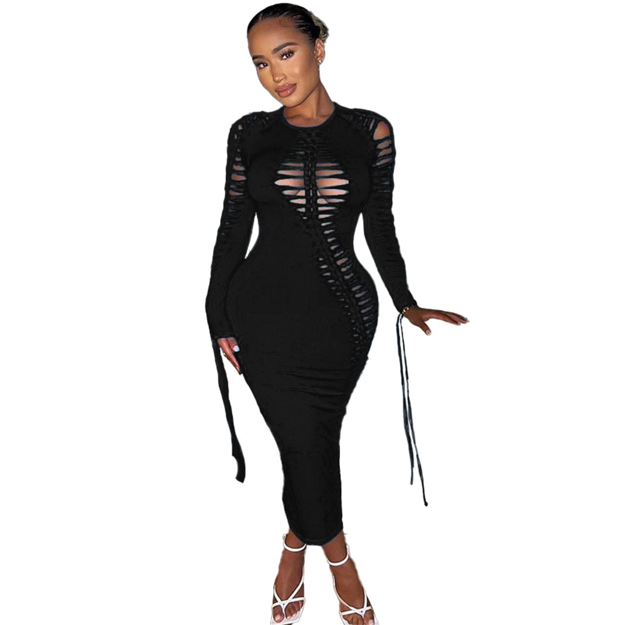XL / black 2023 New Arrival Women Fall Dresses For Women Sexy Long Sleeve Dresses Cut Out Lace Up Sexy Bodycon Maxi Dress