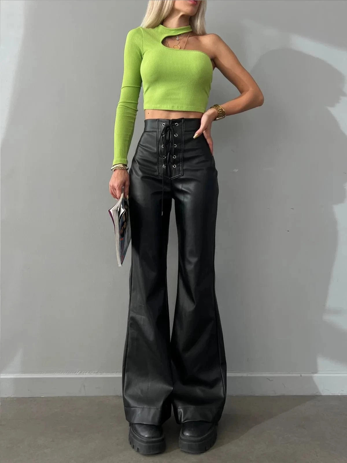 XL / Black 2023  Women's Fashion Sexy High Waist Solid Color Long  Pants Straight Flared Leather Trousers Ladies Casual Loose Pants