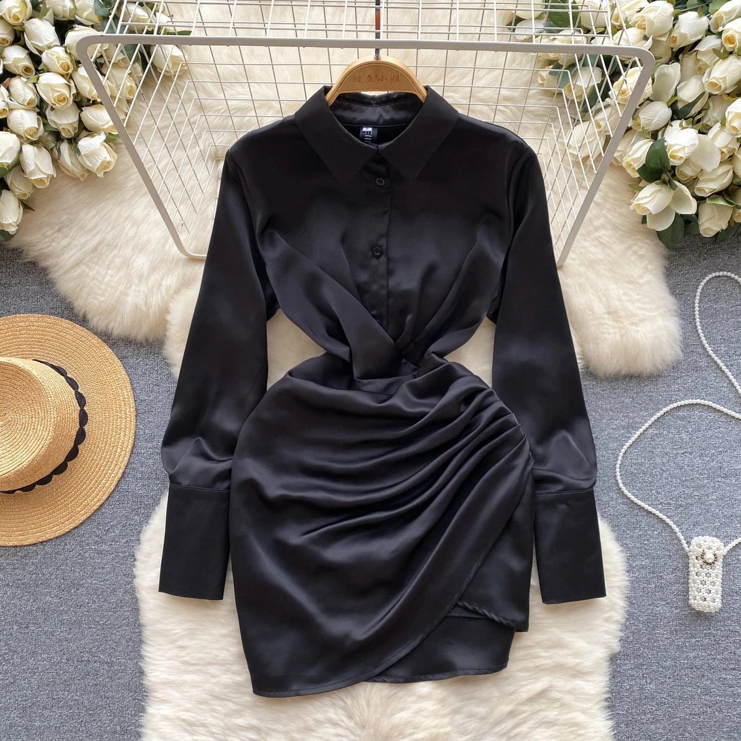XL / Black 2024 Early Spring New Long Sleeved Waist Waist Slimming Shirt Dress Children's Dress