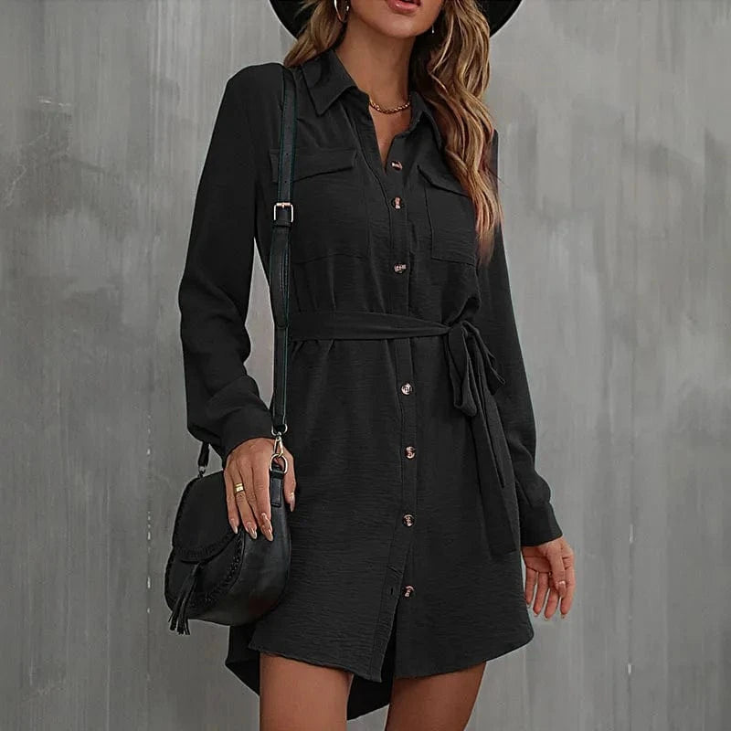 XL / Black 2024 Europe New Fashion Women Lady  Spring  Autumn Lapel Solid Color Casual  Daily Long-sleeved Waist-tied Midi Dress