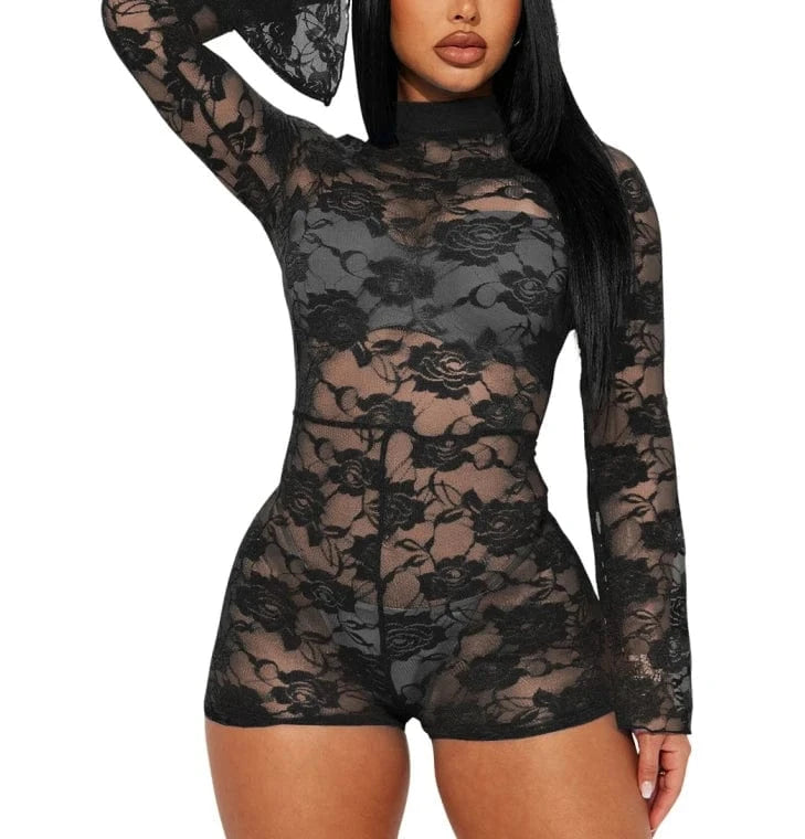 XL / Black 2024 Sexy See Through Flower Lace Jumpsuits New Long Sleeve Women One piece Romper For Party Night Club Bodycon Outfits