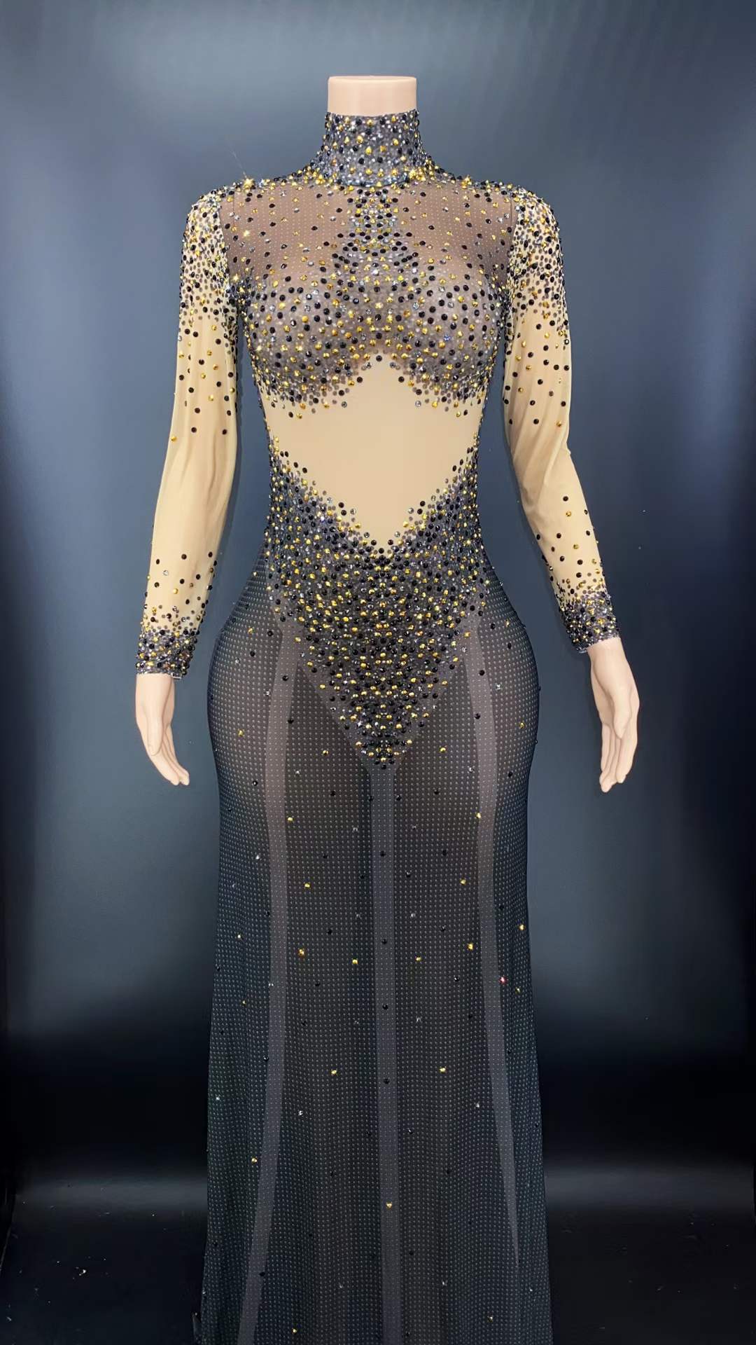 XL / black AD1154 Long Sleeve Crystal Evening Gowns Party Beading Sequin Exotic Dancewear Women Night Club Outfits