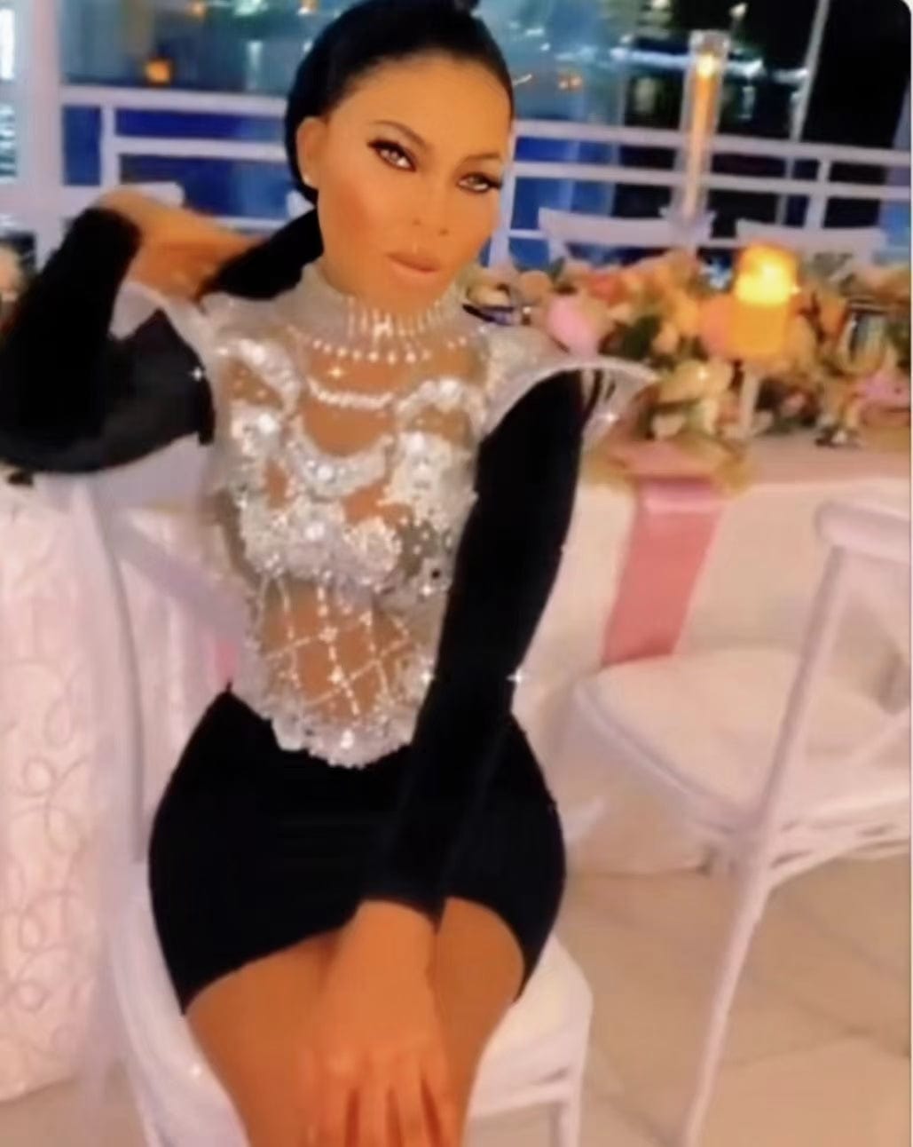 XL / black AD1379 Glisten Rhinestones See Through Mesh Stand Collar Splicing Velvet Bodycon Club Outfits For Women Sexy