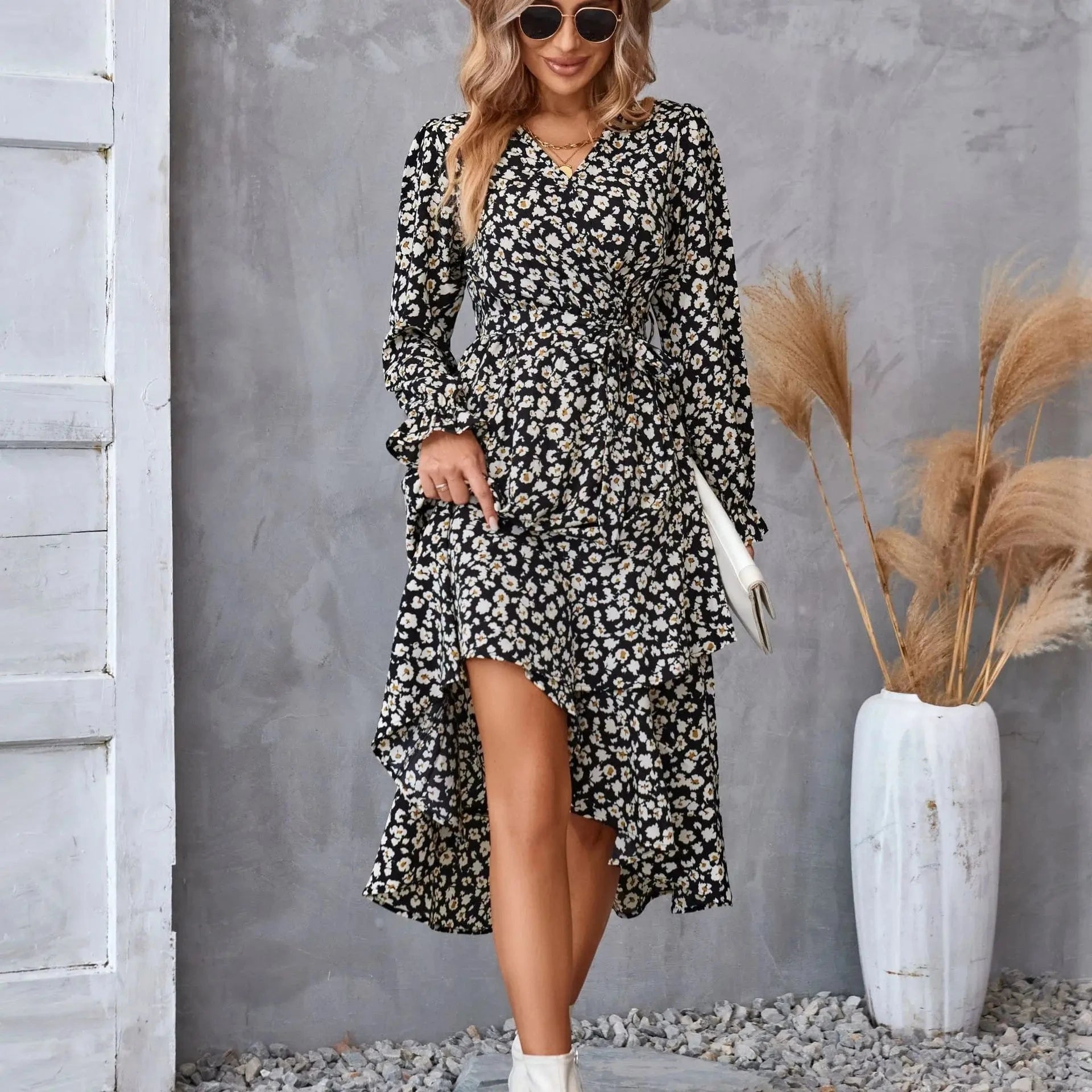 XL / Black Autumn and Winter Printed V-neck Long-sleeved dress women's Commuting Temperament Lace-up Women's dress