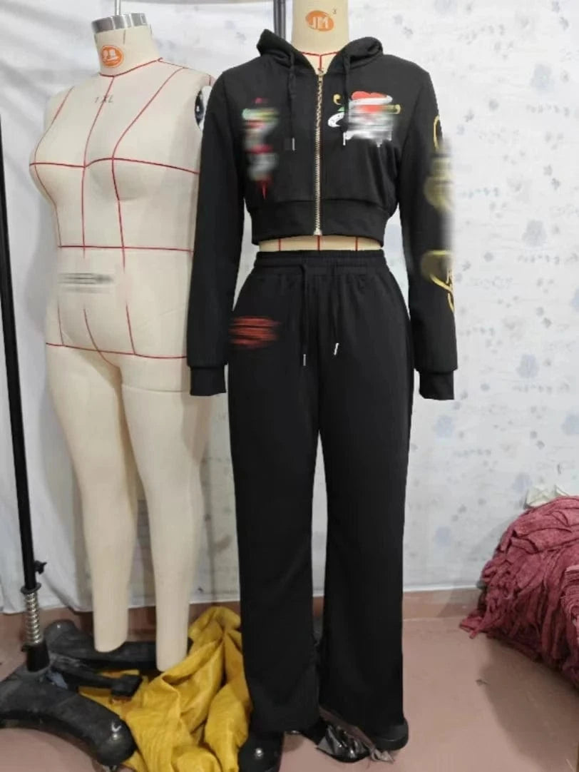 XL / Black Autumn Women New Print Design Long Sleeve Hoodie Zipper Crop Top And Loose Long Pants Lady Streetwear Set