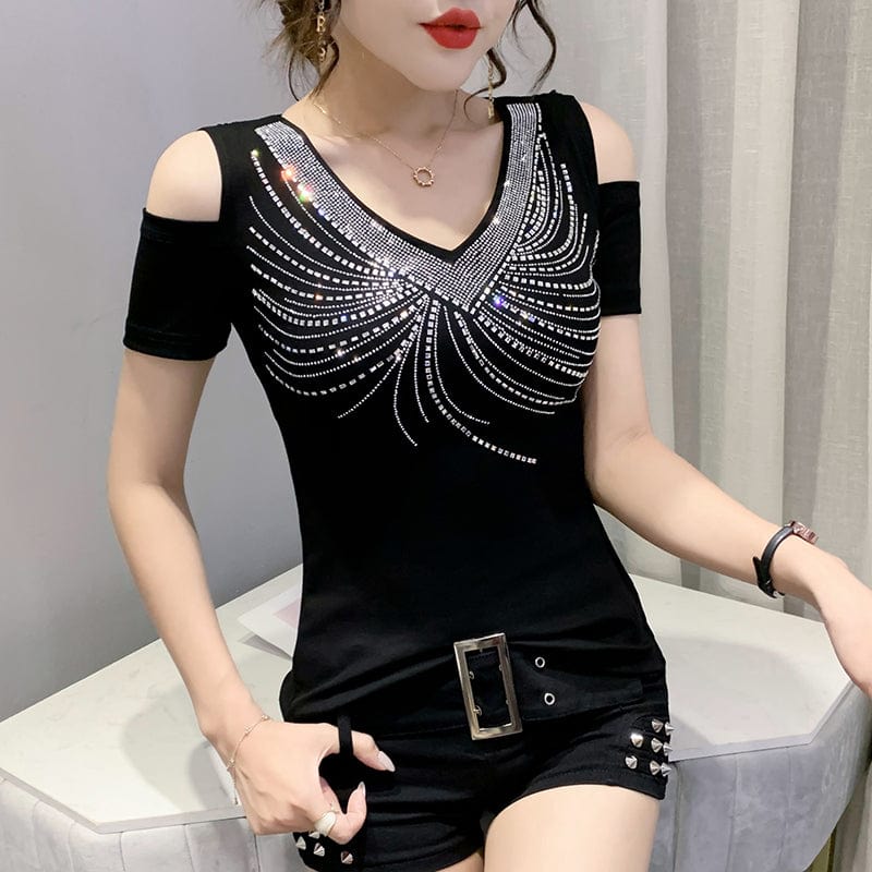 XL / black Black T-Shirt Women New Handmade Diamonds Beading V-neck Off-shoulder Slim Stretchy Women Tops Tees Short Sleeve Summer T25609