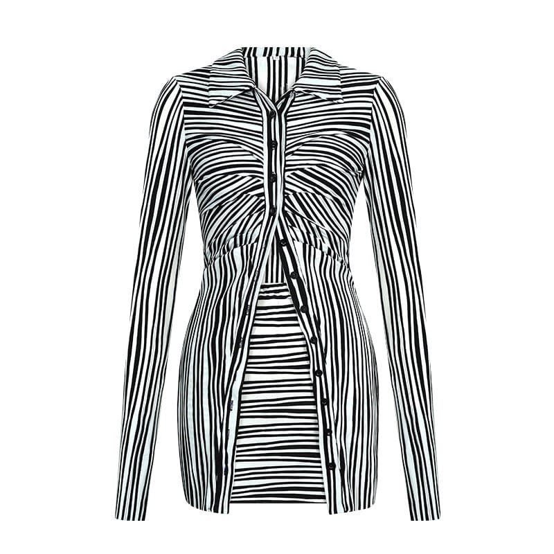 XL / black C1399 Spring Deep V-Neck Stripe Single breasted Shirt Fashion Mini Skirt Two Piece Sets Women