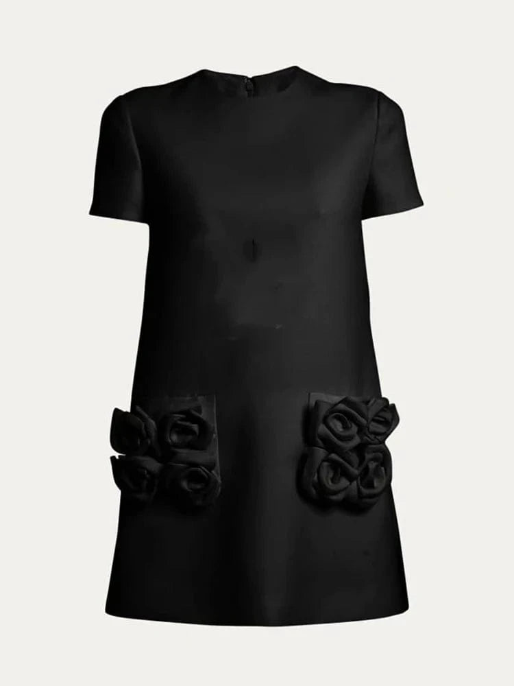 XL / Black CHICEVER Elegant O Neck Short Sleeve High Waist Patchwork Zipper Slim Solid Color Dresses Summer Dress For Women