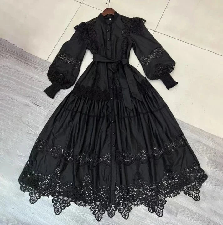 XL / Black CHICEVER Elegant Round Neck Long Sleeve High Waist Solid Color Long Dresses Women Dress