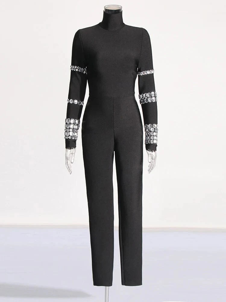 XL / Black CHICEVER Elegant Turtleneck Long Sleeve High Waist Patchwork Diamonds Jumpsuit Women