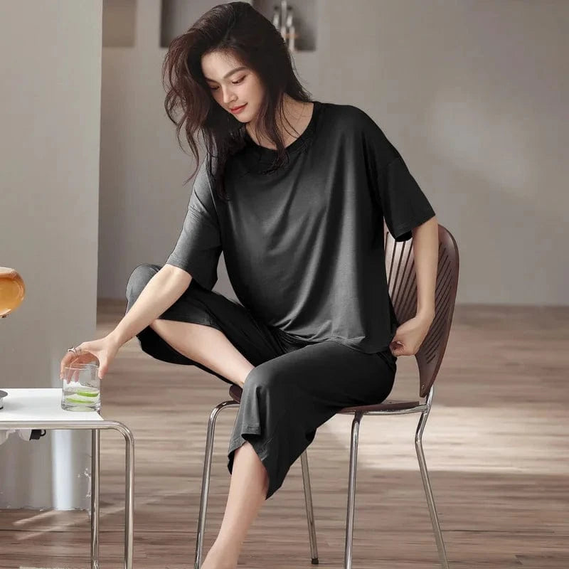 XL / Black Cozy modal spandex crew neck short sleeve t shirt with short two piece sets lounge wear live room wearing sleeve wear