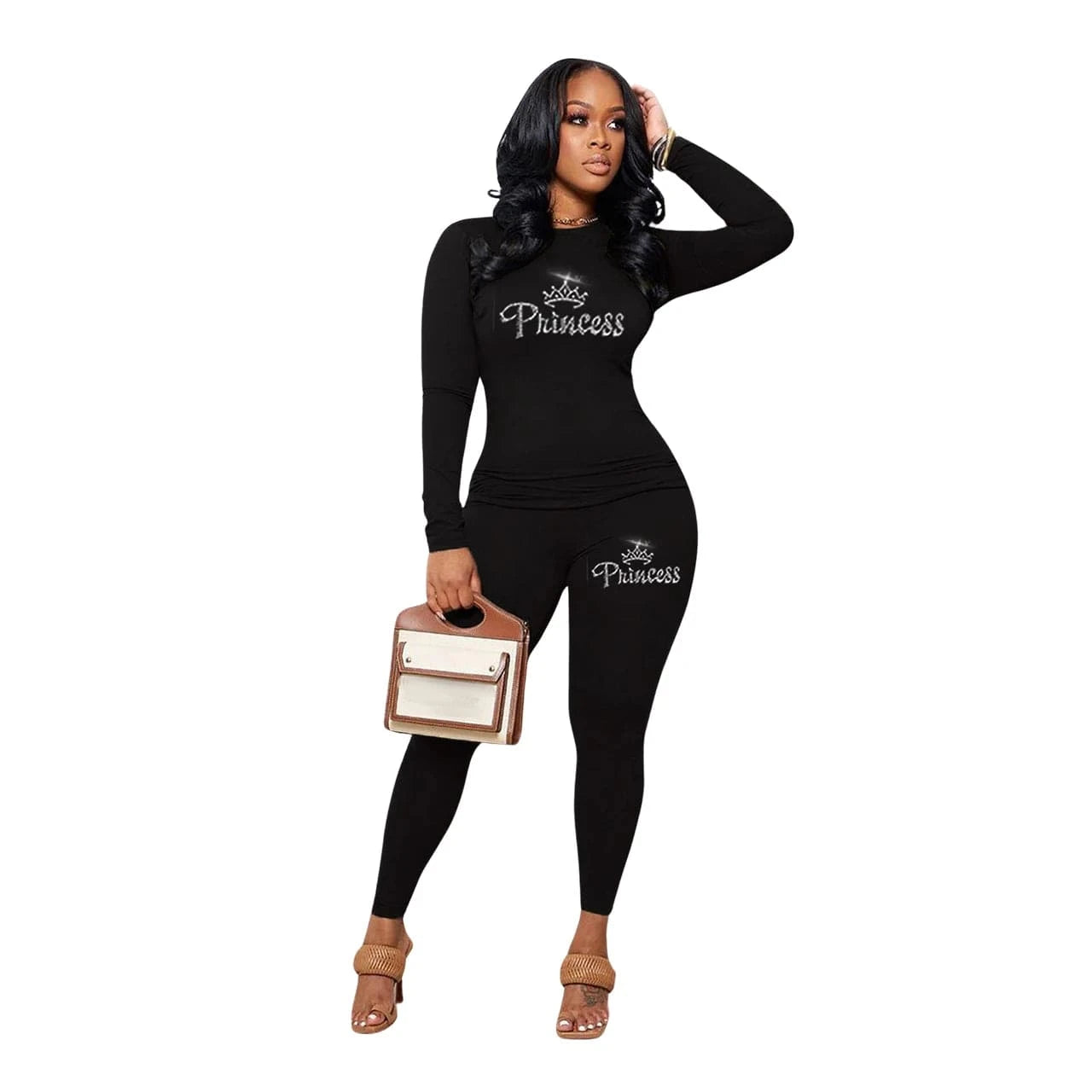XL / Black Crewneck T-shirt, long-sleeved leggings, Valentine's Day LOVE, hot diamond series, casual two-piece set