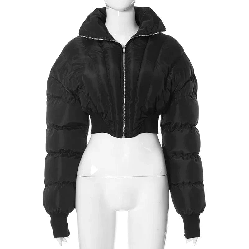 XL / Black Custom Logo Solid Turtleneck Long Sleeve Zip Up Warm Cotton Y2k Sexy Crop Jacket Coat Winter Gothic Clothes