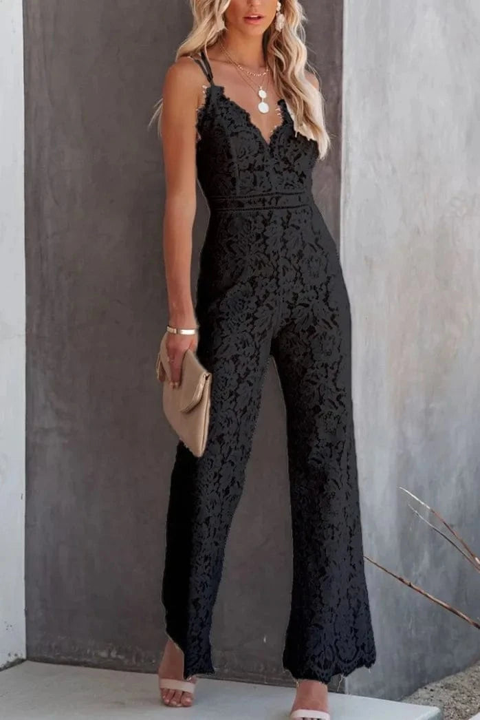 XL / Black Elegant Woman Jumpsuit Summer V Neck Sexy Ladies Lace Rompers Casual Sling Long Trousers Office Lady Overalls Female Jumpsuits