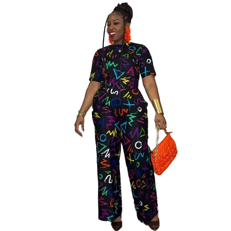 XL / Black European and American sexy slim print wide-leg stretch crop top two-piece set