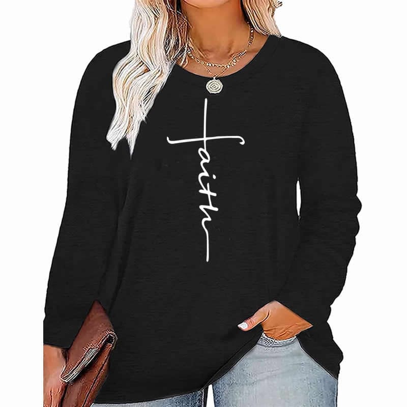 XL / black faith cross pattern Plus Size Women's Top Autumn X-Large-5X-Large woman clothes y2k t shirt oversized long sleeve tshirt