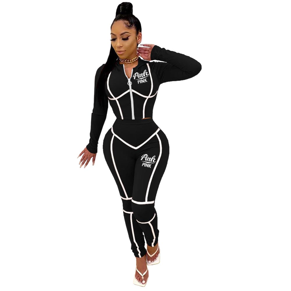 XL / black Fall 2022 Women Clothes Women's Fashion Offset Printed Long Sleeved Hoodie Sportswear Zipper Top Pants Sportswear Two-piece