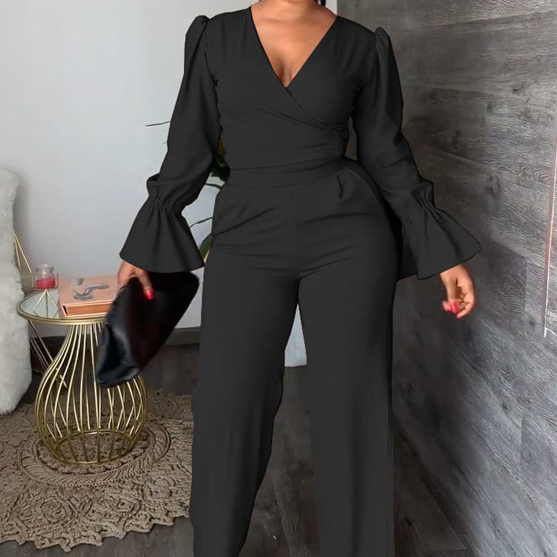 XL / Black Fall Women's Two-piece Flared Sleeves V-neck Lace-up Top And Trousers Fashion Casual Suit